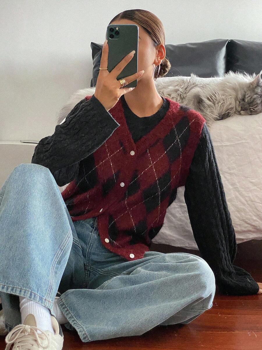 Livesso Chaleco de punto informal con botones metálicos y diseño de cuadros de colores para mujer, adecuado para otoño/invierno, oficina y uso diario - Rojo - Ver 1