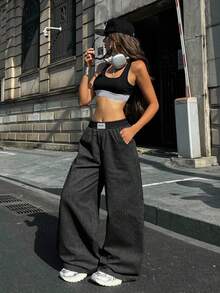 Coolane 女士四季皆宜的演唱会街头风 Y2K 复古外出黑色阔腿裤，黑色裤子 - 黑色 - 查看 2