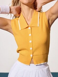 CourtClass CourtClass 女式撞色常规款无袖 Polo 领针织毛衣 黄色领口上衣 黄色网球上衣 黄色无袖上衣 女式网球上衣 黄色罗纹上衣 - 黃色 - 查看 5
