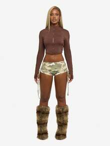 SUMWON WOMEN High Waist Ruched Drawstring Booty Shorts Festival Club Party Rave Bottoms Western Style Leg Warmers Furry Winter Evening Wear - Multicolor - View 3