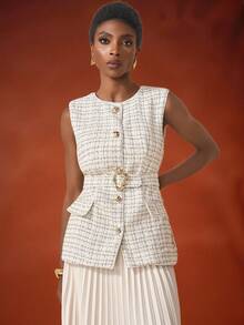 Zivah 2025年秋冬新款，日常约会，通勤，商务淑女，优雅邮轮，派对，简约网红爆款，生日派对，高端派对，圆领，无袖，不对称金属扣装饰腰带，金属不对称扣粗花呢背心外套 - 白色 - 查看 4