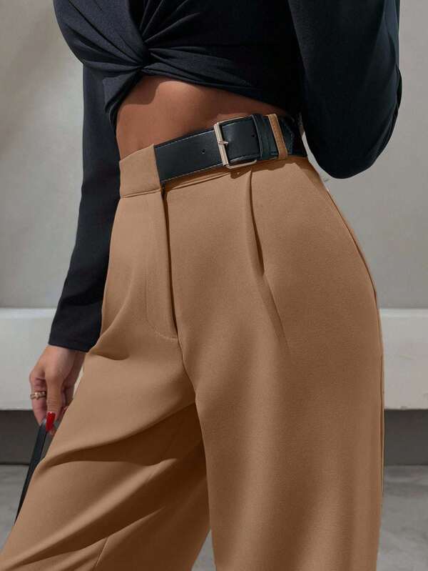 Elegant Style, Half Faux Leather Belt Detailed Straight Fit Pant