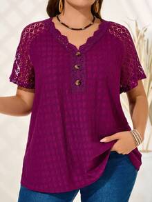 EMERY ROSE Plus Size Purple Lace Stitching Raglan Sleeves Front Collar Stitching Lace Button Decoration Plus Size T-Shirt Casual Vacation Suitable For Spring And Summer Boho Women's Clothing