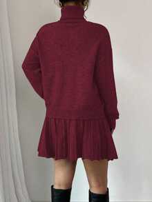Rafferiza 2件套：纯色宽松百褶裙和高领毛衣 - 酒紅色 - 查看 2