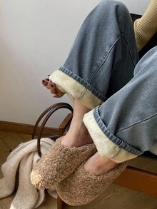 DAZY 宽松复古阔腿牛仔裤，秋冬季保暖内衬直筒及地长牛仔裤，女士保暖内衬 - 藍色 - 查看 4