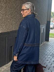 Vivie Lora Women's Loose Fit Long Sleeve Single-Breasted Multi-Pocket Casual Mid-Length Denim Jacket - Grey - View 5