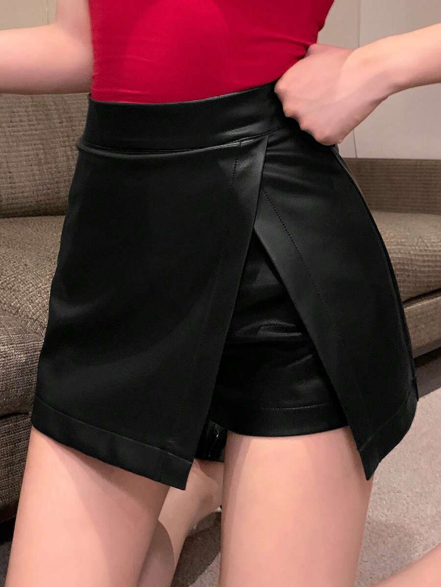 DAZY 女士纯色侧开衩短裤，四季皮短裤 - 黑色 - 查看 1