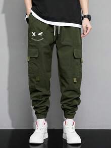 Claim Dot Loose Men's Letter & Smiling Face Pattern Cargo Pocket Casual Pants, For Fall - Army Green - View 8