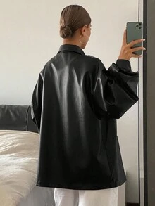 Livesso 女士宽松休闲加厚商务休闲夹克，秋冬新款皮夹克女式外套 - 黑色 - 查看 5