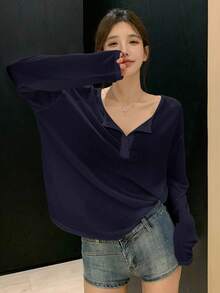 DAZY Kaos Longgar Model Bahu Jatuh Polos untuk Musim Semi & Musim Panas, Atasan Preppy Lengan Panjang Wanita, Penutup untuk Pakaian Renang - Navy Blue - View 4