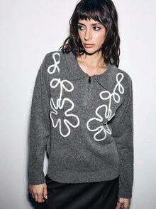 Lumivelle Women's Grey Polo Neck Zip-Up Cardigan With Floral Decor And Wool - Grey - View 1