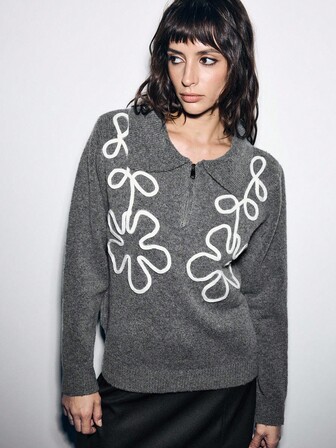 Lumivelle Women's Grey Polo Neck Zip-Up Cardigan With Floral Decor And Wool