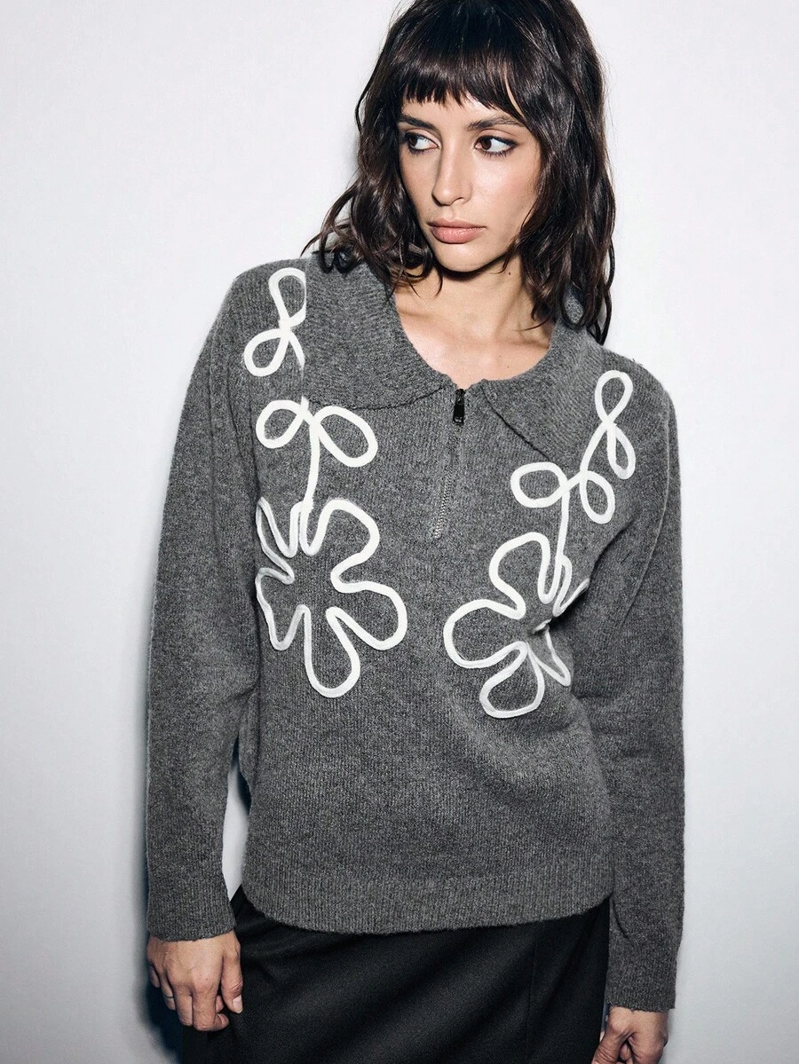 Lumivelle Women's Grey Polo Neck Zip-Up Cardigan With Floral Decor And Wool - Grey - View 1