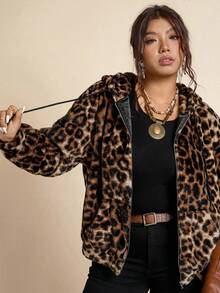 SHEIN LUNE 大码女式豹纹长袖拉链连帽抽绳外套秋冬外套女式冬季外出上衣女式外出拉链连帽衫冬季外套动物纹棕色秋季 - 彩色 - 查看 4