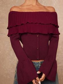 Lumalex Burgundy,Autumn,Elegant,Dinner Date Women's Off-Shoulder Ruffle Flare Sleeve Bodycon Sweater With Metal Button Decor,Tight Fitting Low Waist Pullover - Burgundy - View 7