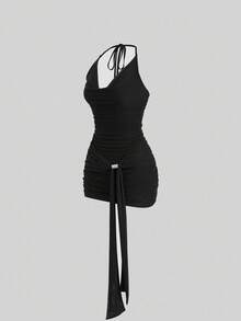 Sweetra Y2K Sexy Turtleneck Metal Buckle Pleated Backless Halter Dress - Black - View 4