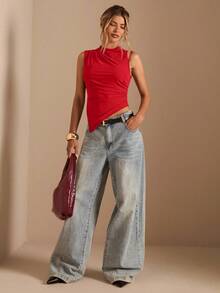 SHEIN BAE Women's Solid Color Sleeveless Cropped Casual Tank Top With Asymmetrical Hem,Multipack - Red - View 1