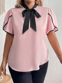 Elenzga 女裝大尺碼彩色拼接襯衫,泡泡袖和綁帶細節 - 粉色 - 查看 3