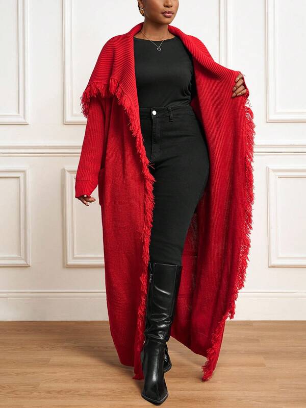 Slaydiva 2025 Plus Size Women's Winter Red Autumn Elegant Everyday Woolen Extra Long Tassel Cardigan Jacket,Christmas New Year's Clothing Office Daily Wear