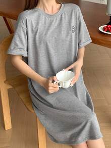 DAZY Minimalist Cute Expression Embroidered Homewear Dress, Moo Moo Pajama