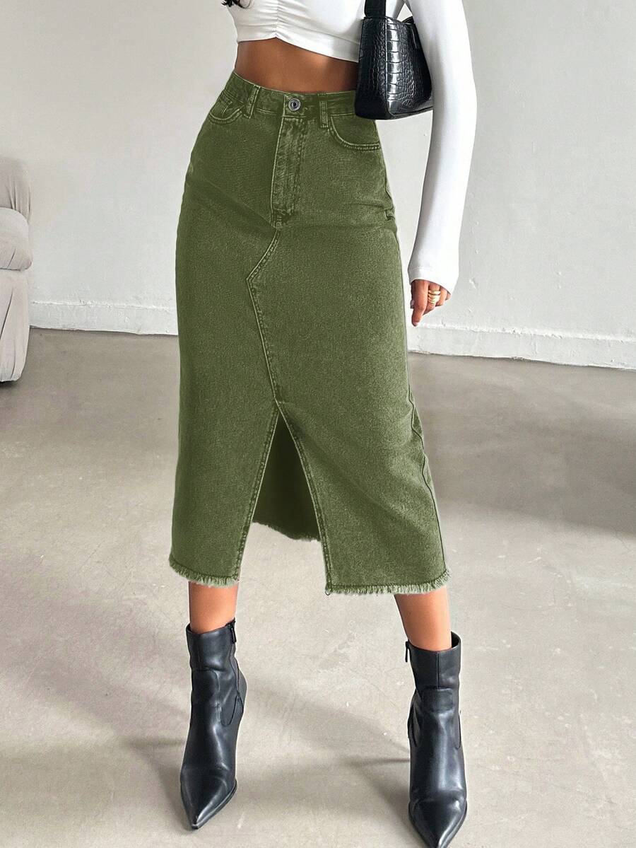 EURMUSE Women's Casual Washed Denim Slit Skirt - Army Green - View 1