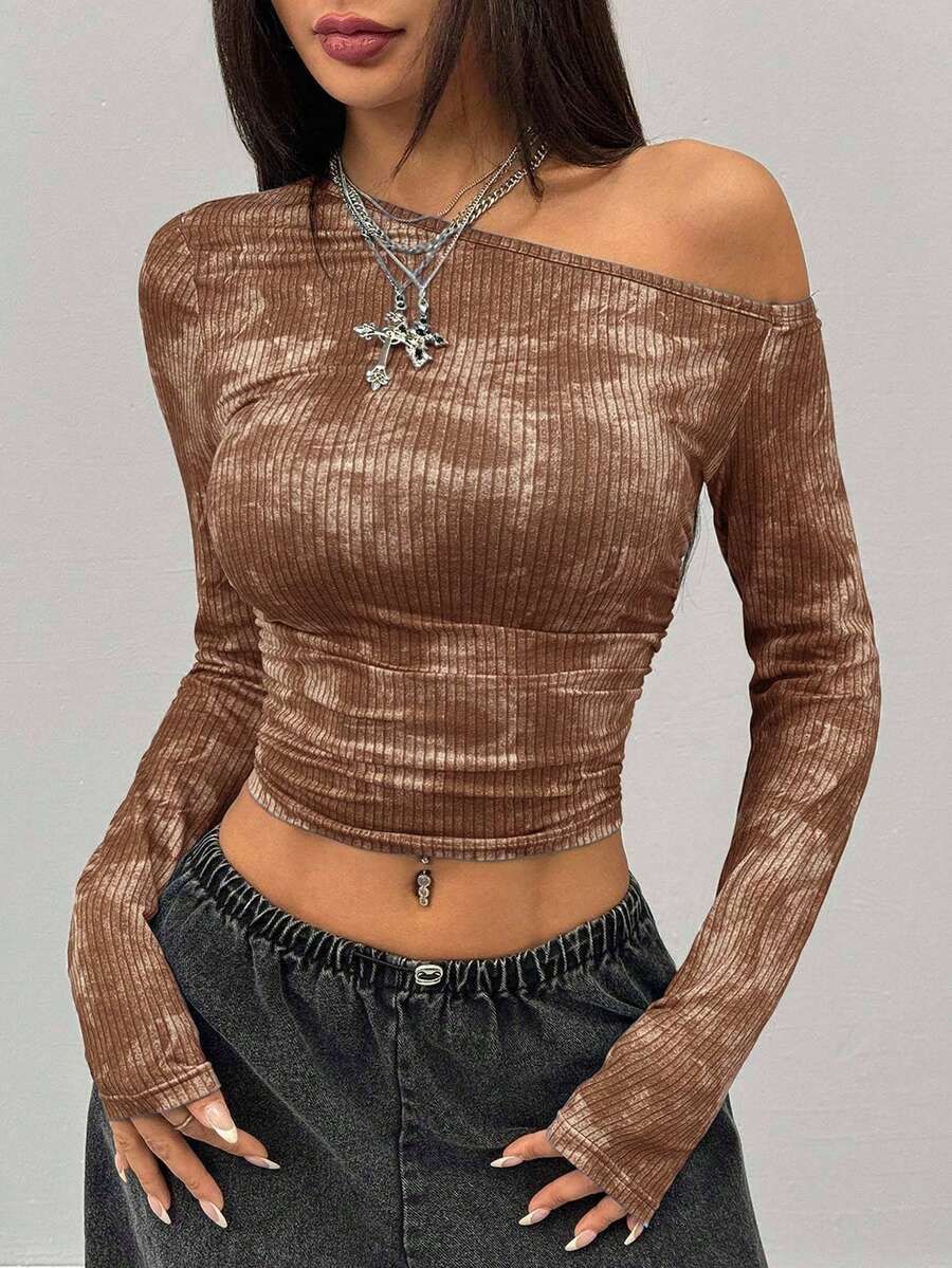 Coolane Women's Daily Wear Essentials Knit Stretchy Comfy Asymmetrical Neck Long Sleeve Tops - Brown - View 1