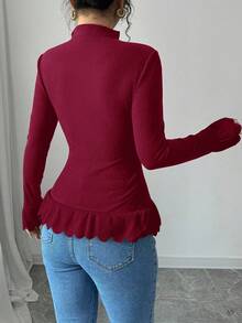 Elenzga Women's Solid Color Stand Collar Long Sleeve Ruffle Hem Ribbed T-Shirt, Christmas - Burgundy - View 2