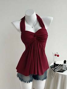 Comfortcana Women's Wine Red Twist Back Halter Neck Tank Top,Red Top