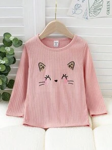 SHEIN Elladie kids 5件装 女童可爱罗纹猫咪刺绣+豹纹圆领长袖T恤 秋冬可爱上衣 女童可爱上衣 女童长袖上衣 猫咪女童服装 - 彩色 - 查看 5