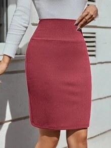 EURMUSE Women's Solid Color Minimalist High Waist Pencil Skirt, Autumn - Coral Pink - View 4