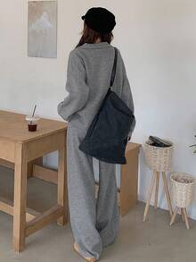 DAZY Setelan Kasual 2 Potong Wanita Warna Polos Lengan Panjang Model Bahu Longgar dan Celana Rajut, Musim Gugur - Grey - View 6