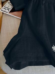 女士复古硬币印花休闲长袖衬衫短裤套装，宽松百搭两件套 - 藏蓝色 - 查看 5