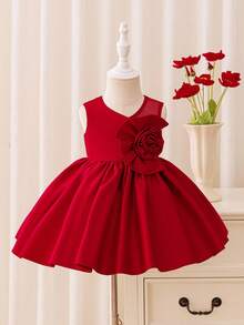 Glamorique Kids Váy công chúa satin không tay họa tiết hoa đỏ bóng cho bé gái kèm nơ lớn phía sau, váy công chúa cho dịp Giáng sinh, Halloween, sinh nhật - Đỏ - Xem 1
