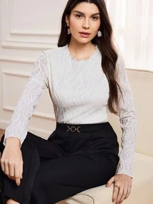 Miaspire 女士圆领长袖时尚打底 T 恤，优雅时尚的外套，白色纹理面料女式上衣，秋季 - 白色 - 查看 6