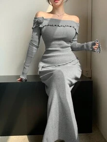 DAZY Women's Elegant Solid Color Off Shoulder 3D Flower Asymmetric Sweater & Skirt 2-Piece Set, Autumn - Grey - View 7