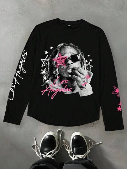 PAVTROS Manfinity Streetrush Men's Los Angeles Portrait Graphic Black Long Sleeve T-Shirt, For Fall