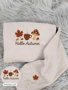 INAWLY Autumn Mushroom & Coffee Pattern, Comfortable Retro Leaf PES DST Sweatshirt Design, Round Neck Mushroom Embroidery Graphic Sweatshirt - Apricot - View 3