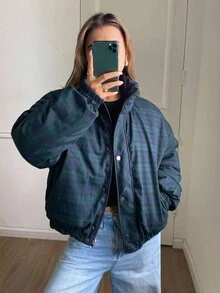 DAZY 女士双面格子绗缝外套，适合秋冬季节穿着，Y2K风格 - 棕色 - 查看 8