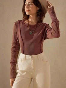 Wildy Western Casual Vintage Burgundy Bohemian Contrast Stitching Long Sleeve T-Shirt, Autumn Going Out Tops Brown Top Women's Sweatshirt Red Tops Long Sleeve T-Shirt Washed Knit Slim-Fit Cotton T-Shirt With Raw Edges - Burgundy - View 2