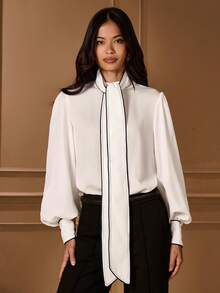 Lilora 女士休闲通勤优雅长袖系带前衬衫简约优雅系带衬衫冬季女士衣服高端精致优雅 - 白色 - 查看 4