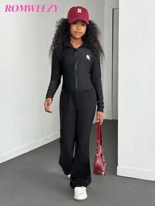 Conjunto de chaqueta con cremallera y pantalones con estampado sencillo para niñas preadolescentes, otoño e invierno - Negro - Ver 7