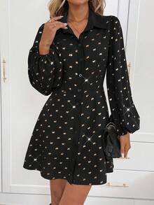 SHEIN LUNE Vestido casual de mujer con lámina de oro para fiestas, atuendo básico para uso diario y salidas en otoño/invierno, vestido mini de manga larga - Negro y oro - Ver 8