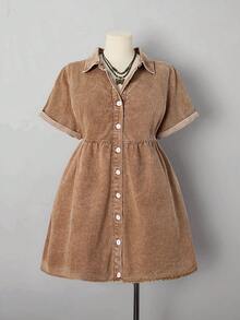 Sunspun Plus Size Casual Vacation Washed Front Button Denim Dress, Summer - Khaki - View 4