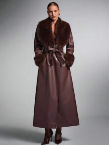 SHEIN BAE Women's Autumn Burgundy PU Leather Patchwork Faux Fur Collar Luxury European & American Style Long Elegant Cinched Waist Coat For Women, Autumn/Winter, Long Burgundy Coat,Winter Clothes For Women - Coffee Brown - View 5
