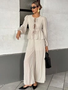 Chiquease 2pcs/Set Women's French Style Textured Tie-Up Wide Leg Outfit - Apricot - View 3