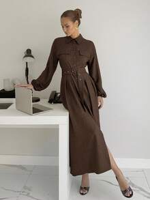 Siren Gaze Vestido casual de manga larga de unicolor para mujer, para ir al trabajo - Café integral - Ver 2