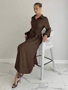 Siren Gaze Vestido casual de manga larga de unicolor para mujer, para ir al trabajo - Café integral - Ver 5