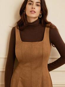 GENKIRA Suede Fabric Sleeveless Elegant Fitted Waist Dress With Flared Skirt - Khaki - View 6
