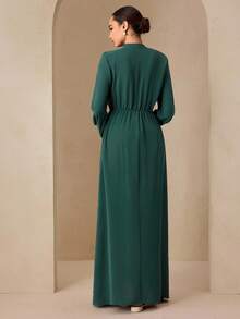 Graceveil Robe de soirée longue élégante et décontractée avec col montant, manches longues, boutons et taille élastique, coupe évasée, style automnal vert