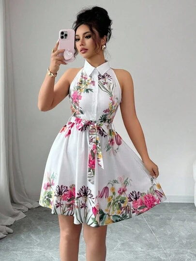 Elenzga Summer Elegant Floral Print Halter Neck Dress